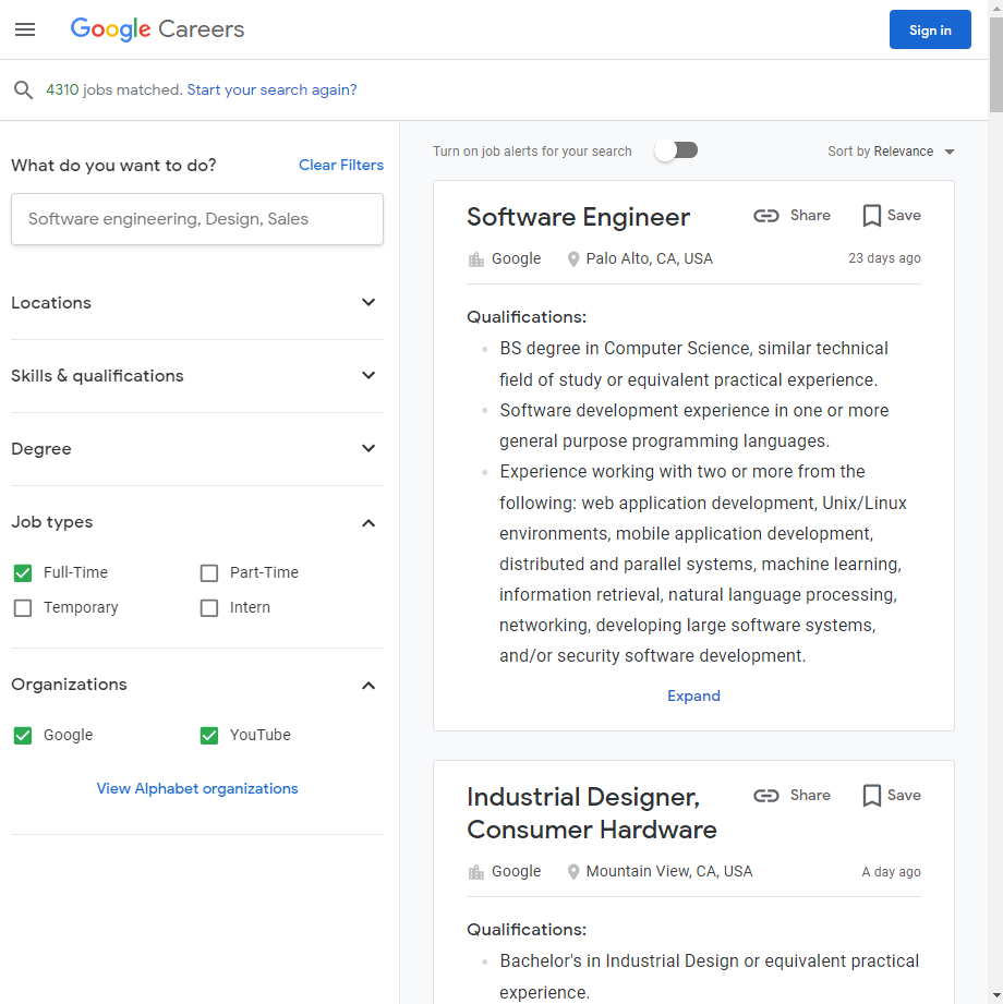Google Job Listing