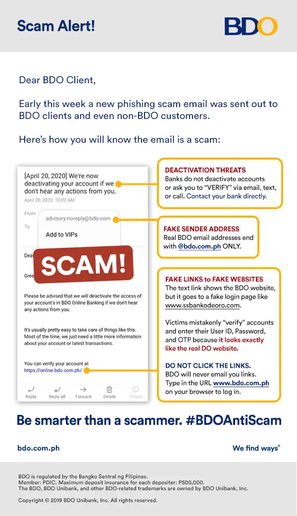 Avoiding BDO-client scams, email scams